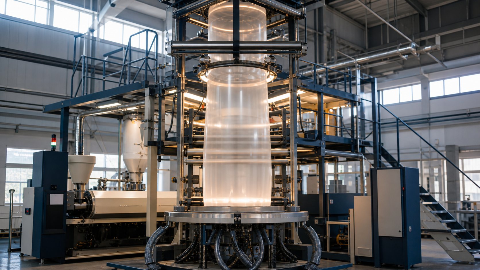 Blown-film extrusion line with a translucent film bubble rising toward nip rollers