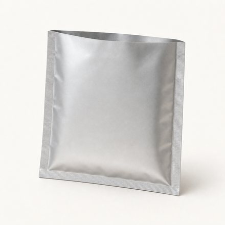 Flat foil bag sealed along three edges with one end open for filling