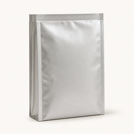 Box-shaped foil pouch with eight sealed edges and a square flat base