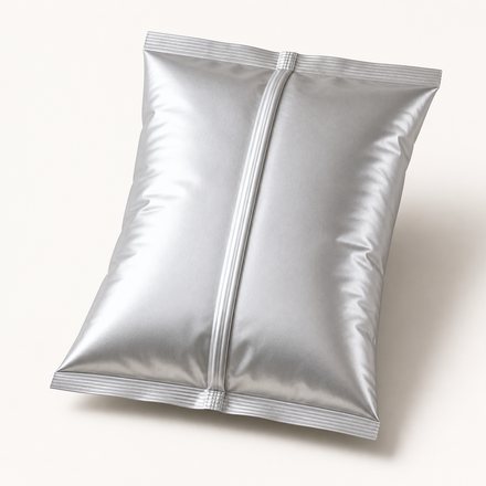 Pillow-style foil bag showing the raised centre fin seal along its back