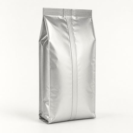 Standing foil bag with folded side gussets and a centre seal down the front