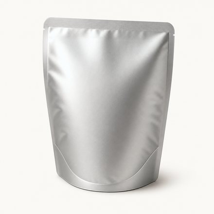 Foil pouch standing upright on its opened bottom gusset