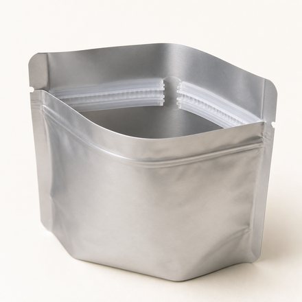 Close view of a press-to-close zipper inside a foil pouch